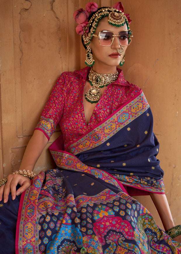 Navy Blue Printed Silk Saree With Contrast Blouse