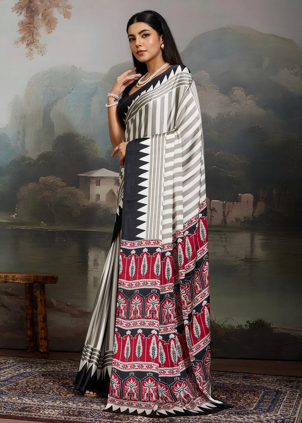 Black And White Printed Satin Silk Saree