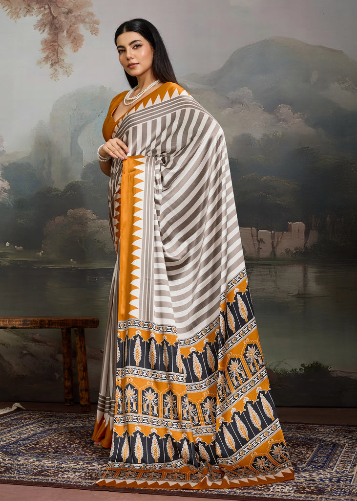 Golden Yellow And White Printed Satin Silk Saree