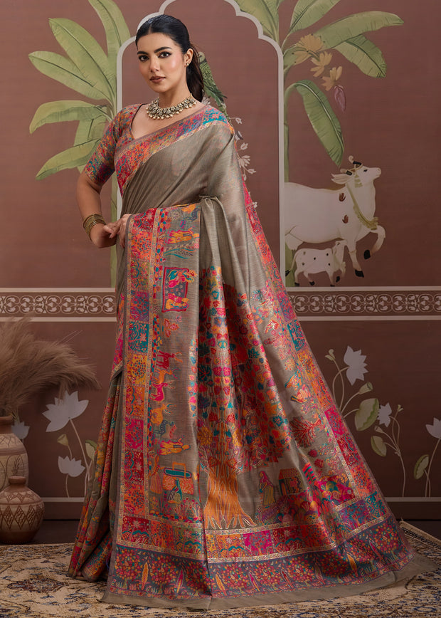 Fossil Grey Woven Cotton Kashmiri Jamewar Saree