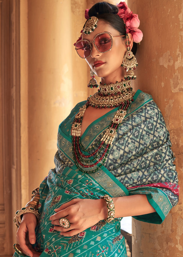 Aqua Green Printed Patola Silk Saree