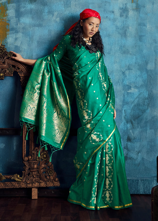 Peacock Green Woven Banarasi Satin Silk Saree