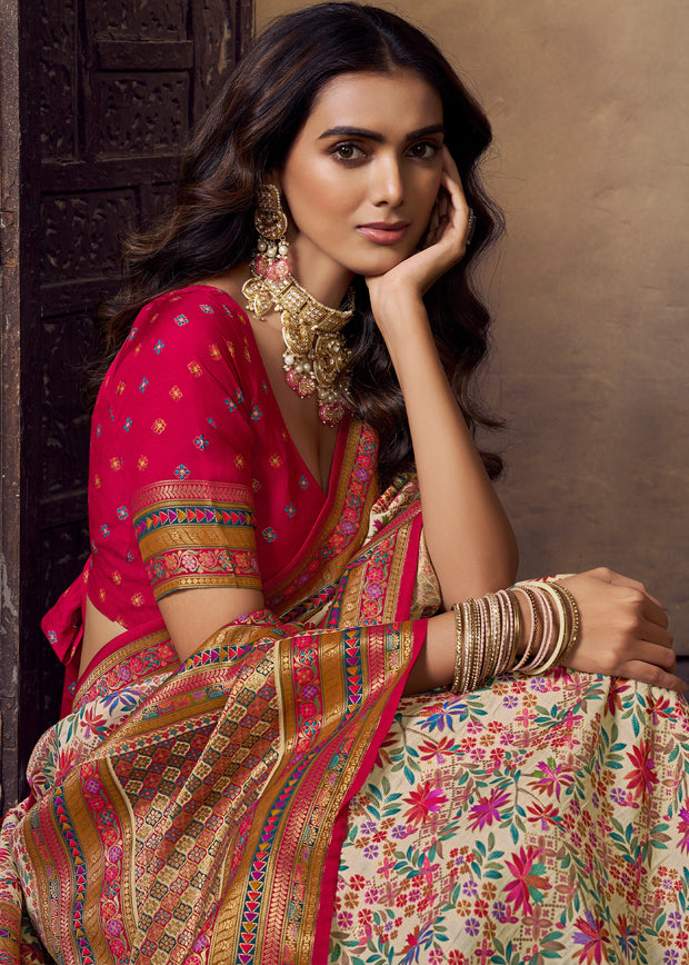 Cream And Pink Woven Soft Silk Saree