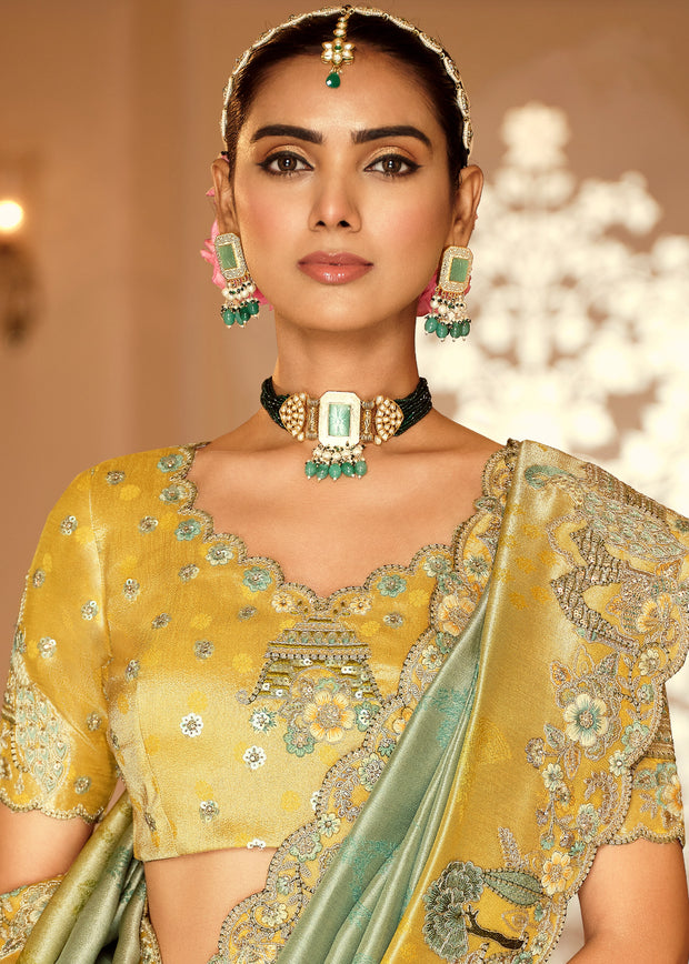 Green & Yellow Designer Embroidered Silk Saree