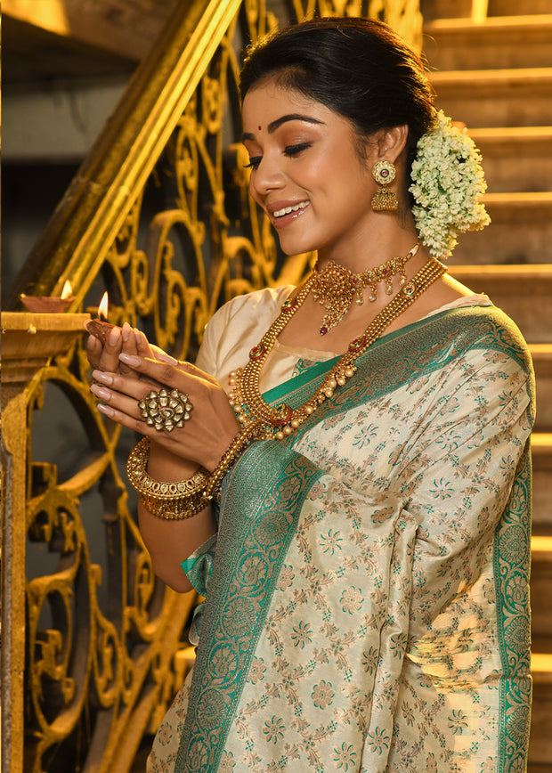 Antique Green Woven Banarasi Brocade Silk Saree With Overall Jaal