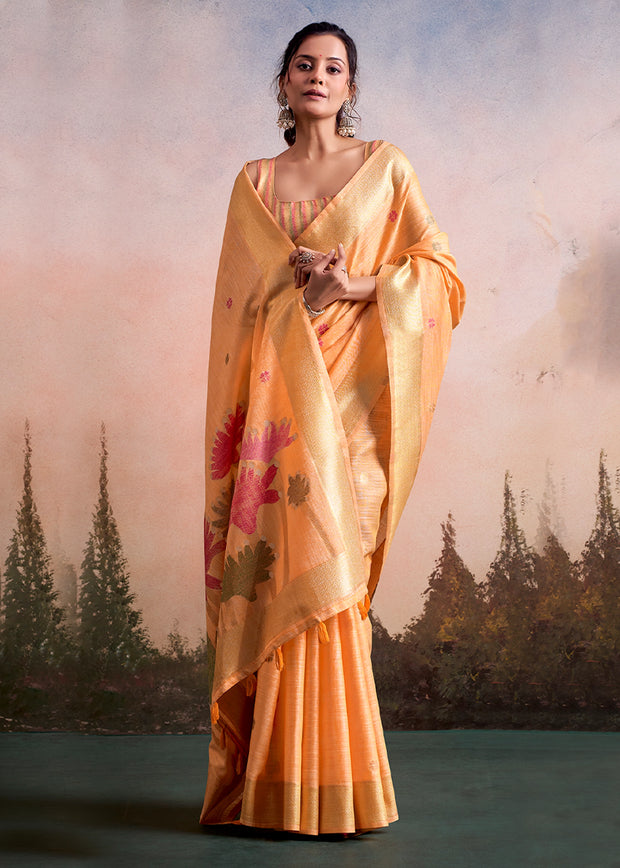 Orange Peach Woven Linen Cotton Silk Saree