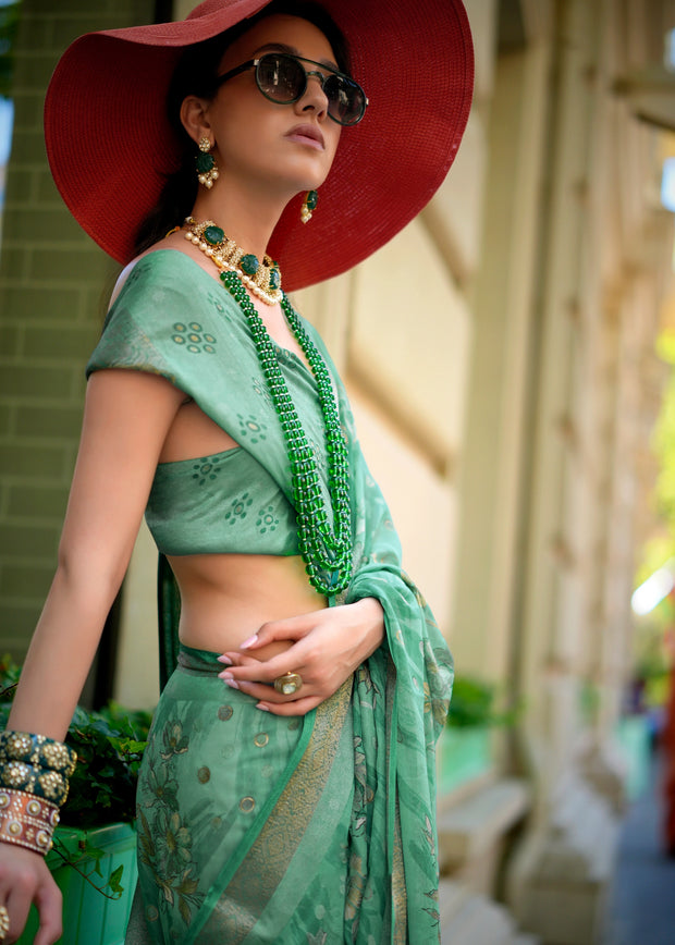 Turquoise Green Printed Georgette Silk Saree