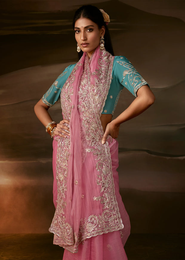 Light Pink Embroidered Designer Organza Saree