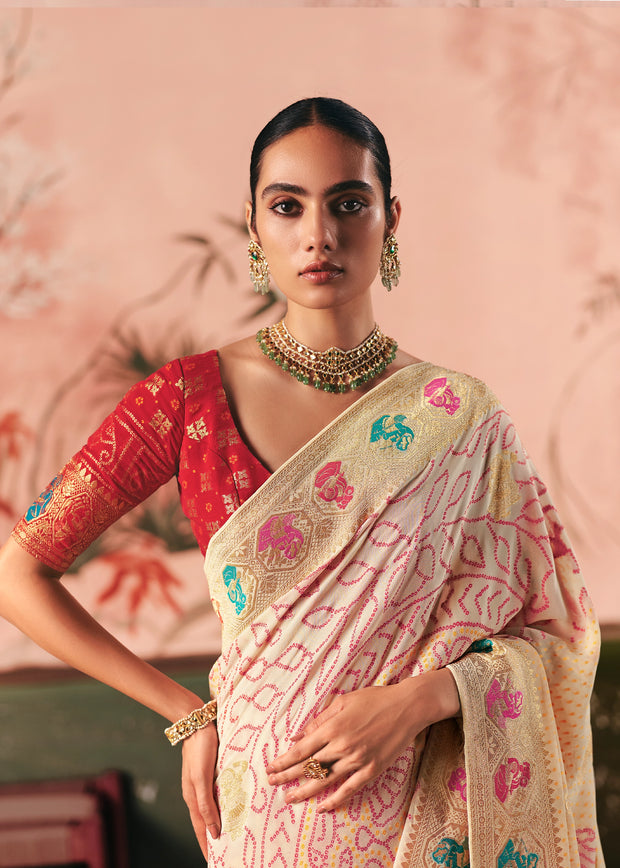 Creamy White Woven Georgette Bandhej Saree