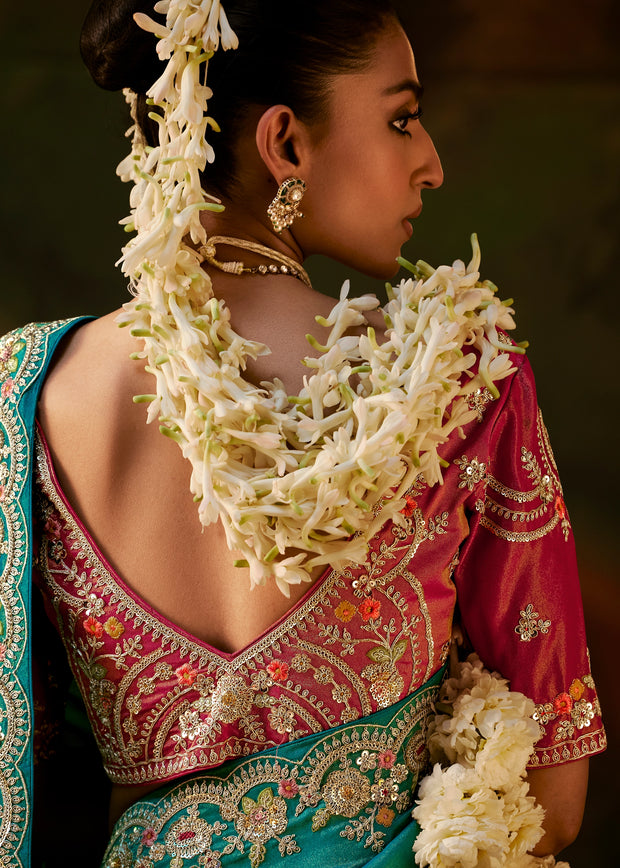 Peacock Green Embroidered Tissue Saree