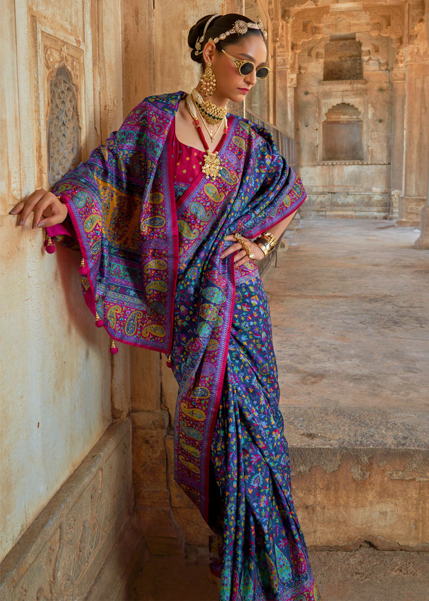 Midnight Blue Printed Kashmiri Jamewar Saree