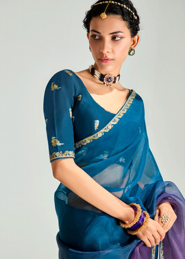 Coral Blue Ombre Designer Tissue Saree With Embroidered Blouse