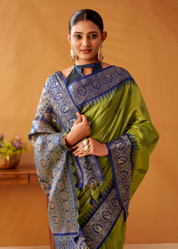 Lime Green Woven Banarasi Cotton Silk Saree