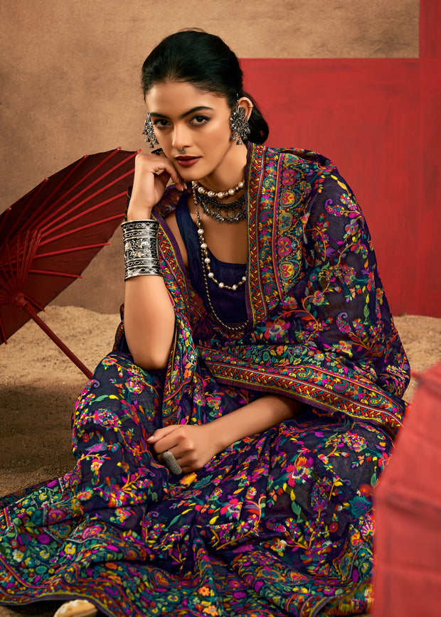 Dark Blue Woven Kashmiri Jamewar Silk Saree