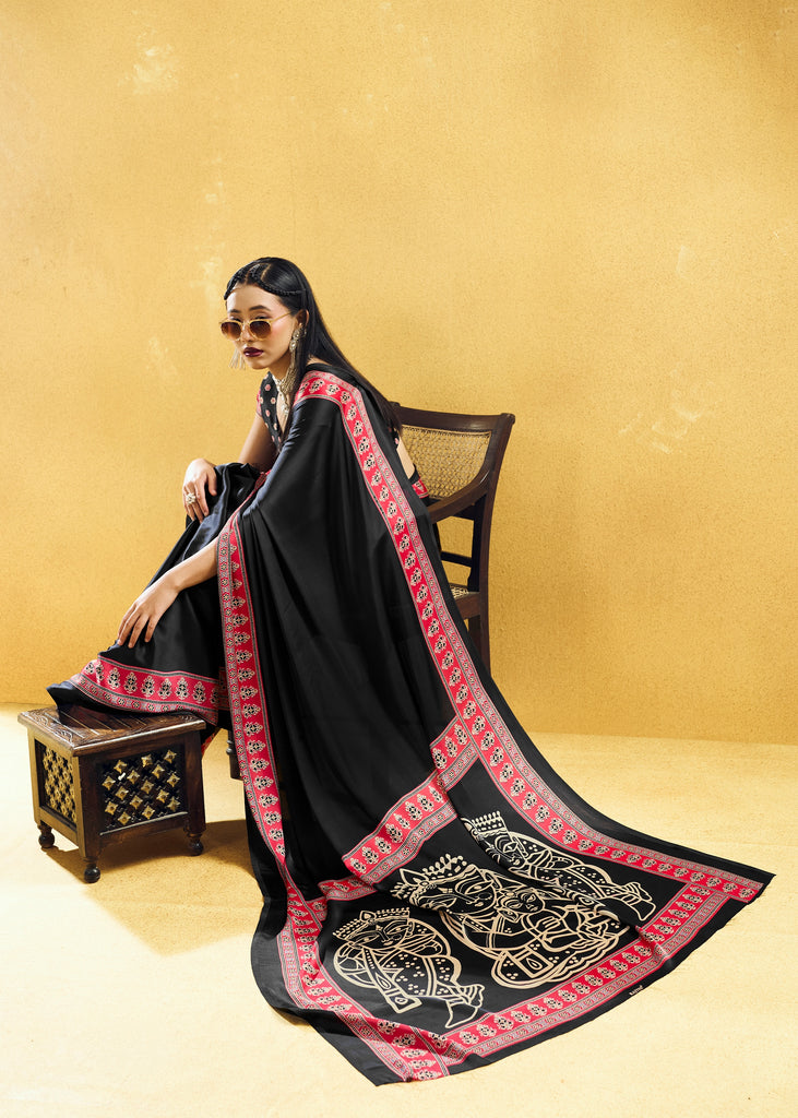 Black Satin Silk Saree with Ajrakh Printed Pallu and Blouse