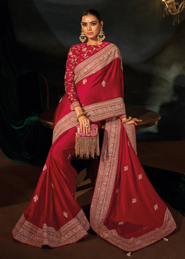 Red Satin Embroidered Designer Saree