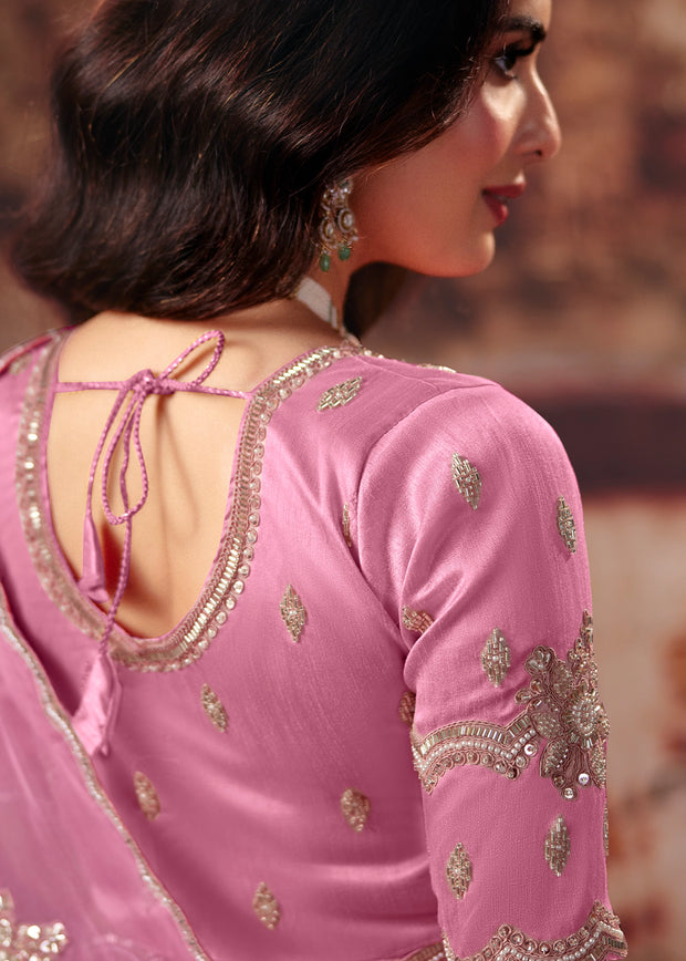Rose Pink Designer Organza Saree With Embroidered Blouse