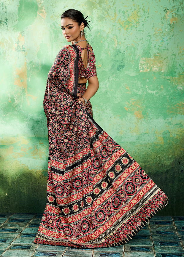 Black And Red Printed Satin Silk Saree