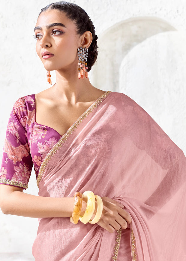 Dusty Pink Designer Organza Silk Saree With Printed Blouse