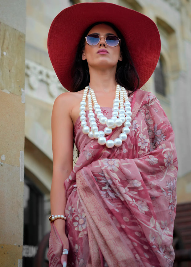 Petals Pink Printed Georgette Silk Saree