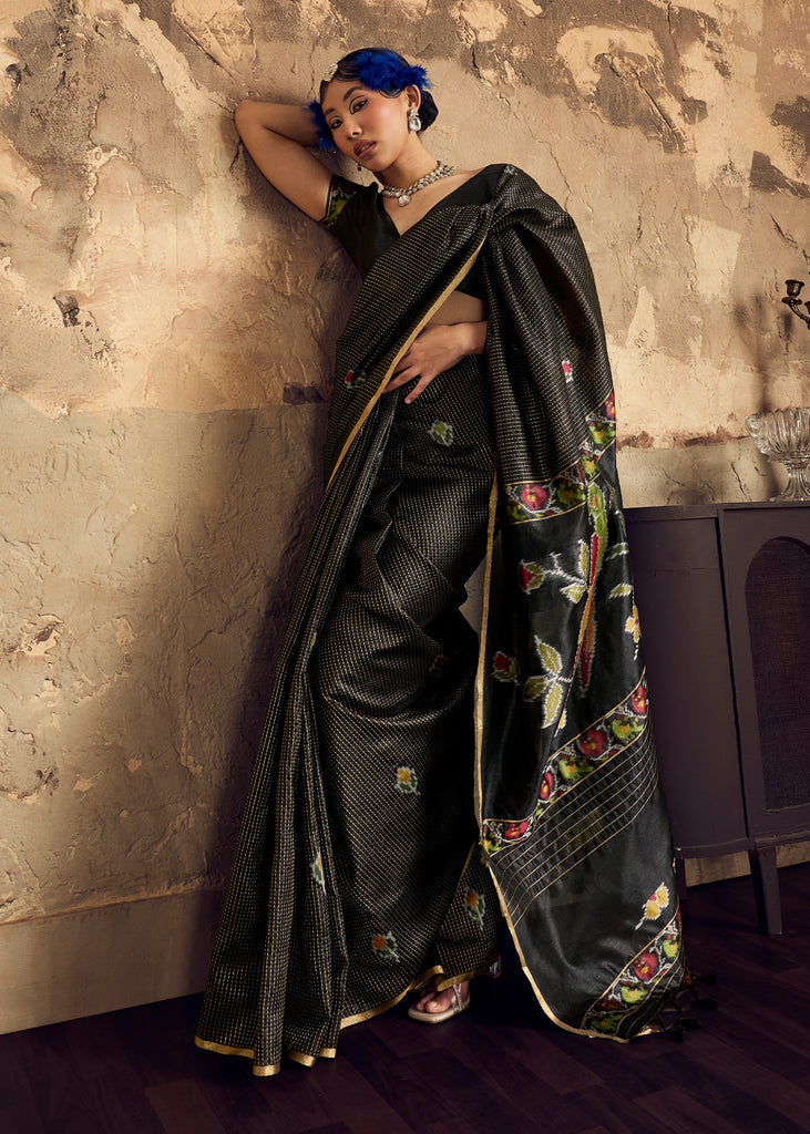 Jet Black Woven silk saree