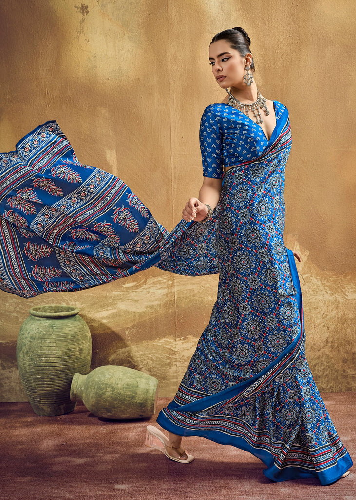 Parisian Blue Printed Satin Silk Saree