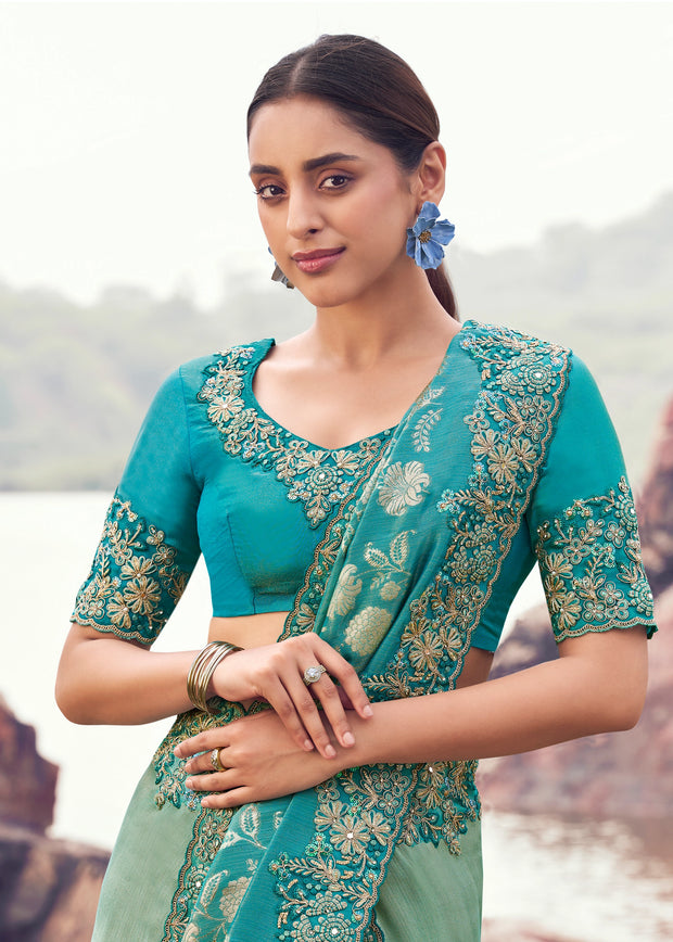 Sea Green Woven Embroidered Tissue Silk Saree