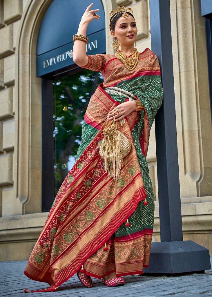 Kasturi Green And Red Printed Patola Silk Saree Zari Banaras