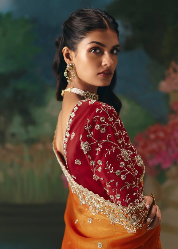 Peel Orange Embroidered Designer Saree