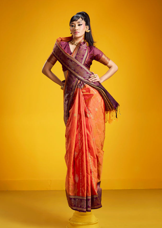 Peel Orange Woven Banarasi Silk Saree