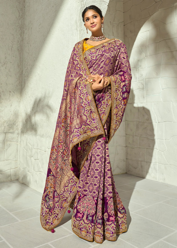 Wine Purple Embroidered Georgette Bandhej Saree