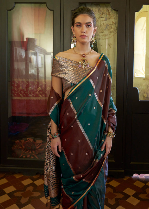Maroon And Green Rangkat Satin Silk Saree