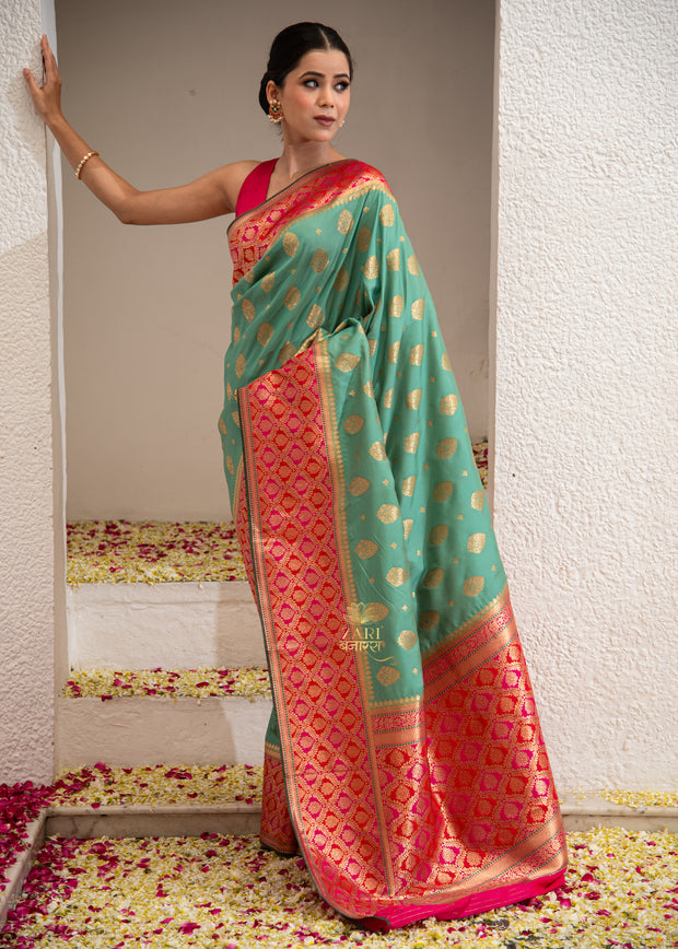 Ganga Banarasi Katan silk saree with traditional brocade border and zari weaving