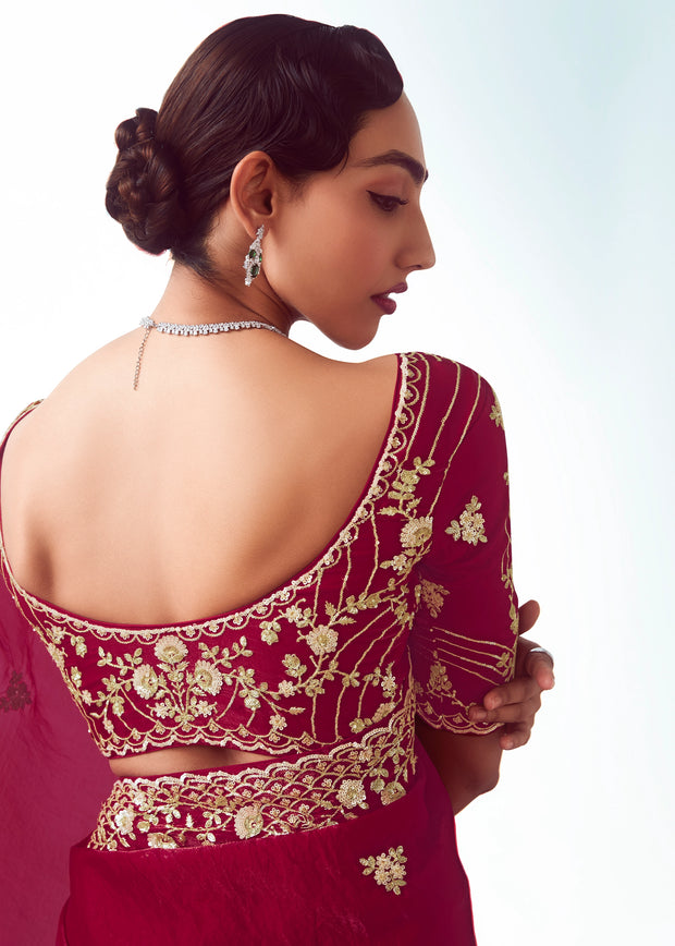 Maroon Embroidered Designer Tissue Saree