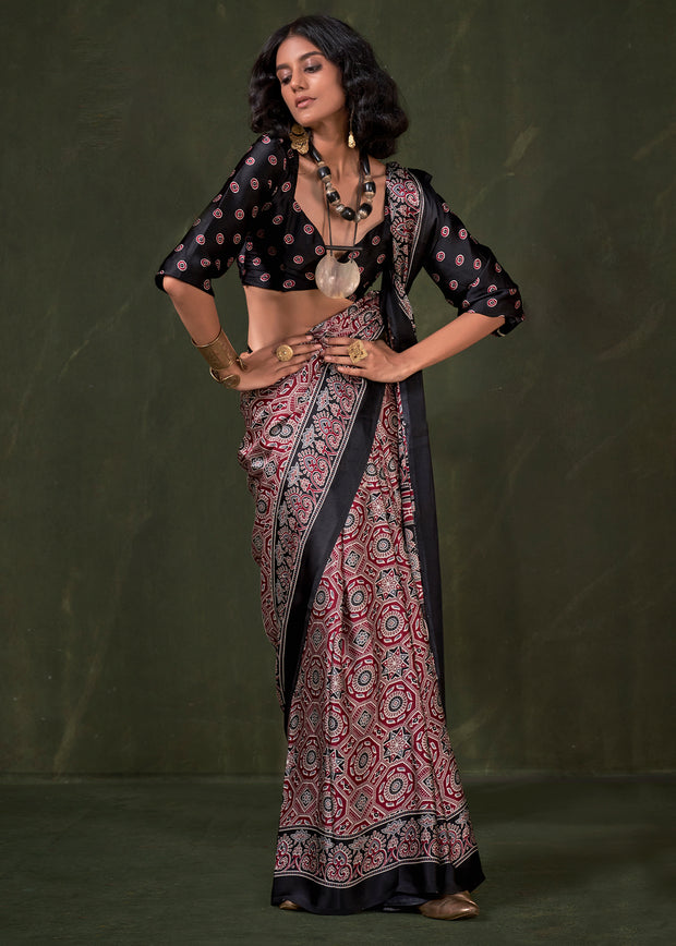 Black And Red Printed Satin Crepe Silk Saree