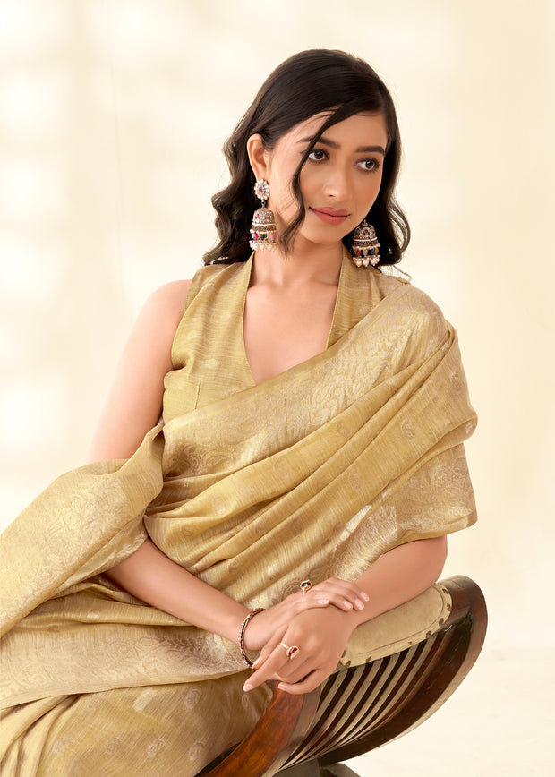 Gold Beige Woven Linen Tissue Silk Saree