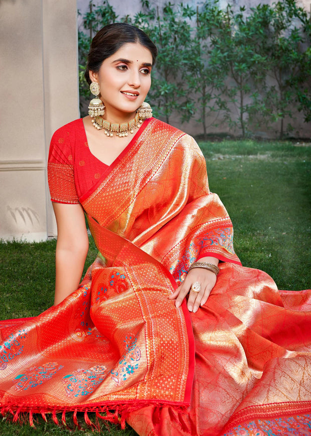 Sunset Orange Woven Kanjivaram Silk Saree