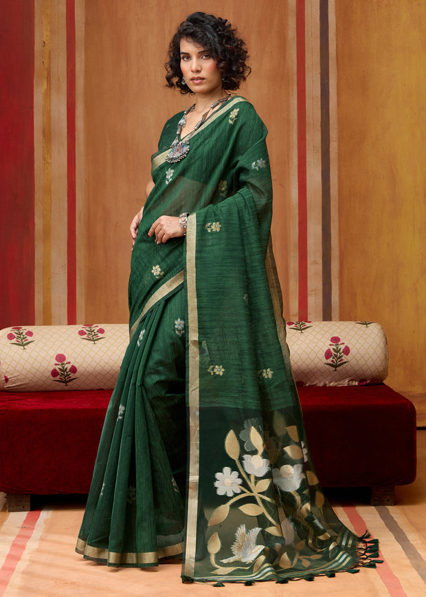 Forest Green Woven Cotton Silk Saree