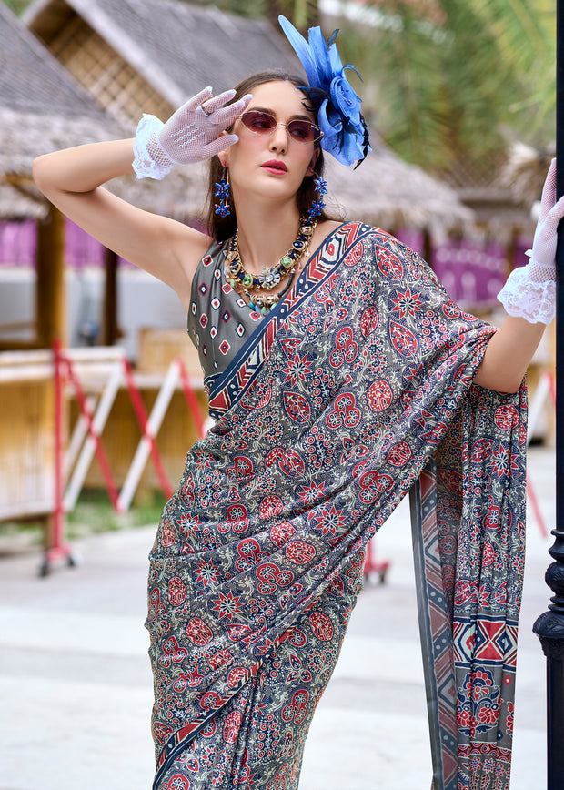 Strom Grey Satin Crepe Digital Printed Saga Saree With Contrast Blouse