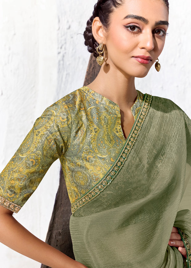 Olive Green Designer Organza Silk Saree With Printed Blouse