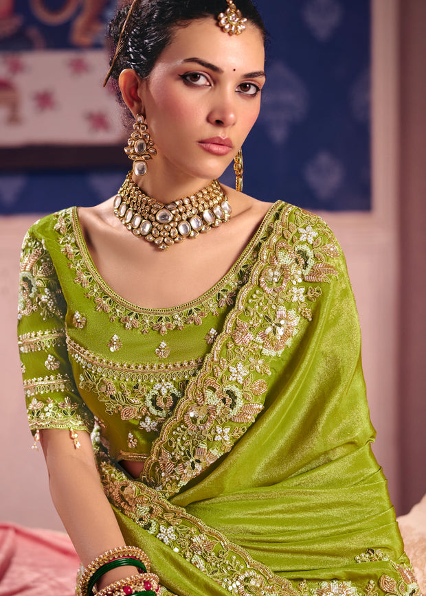 Pistachio Green Embroidered Tissue Designer Saree