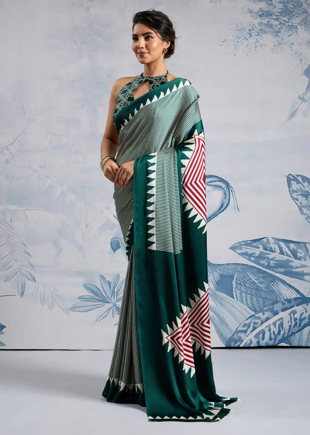 Antique Green Printed Satin Silk Saree