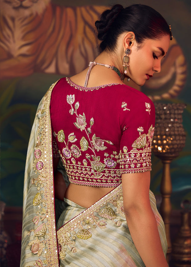 Mist Green Designer Embroidered Saree