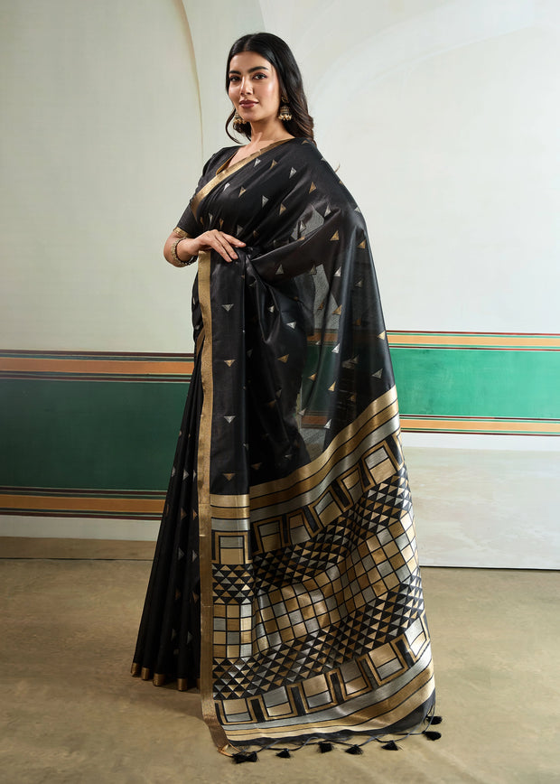 Phantom Black Woven Tussar Silk Saree