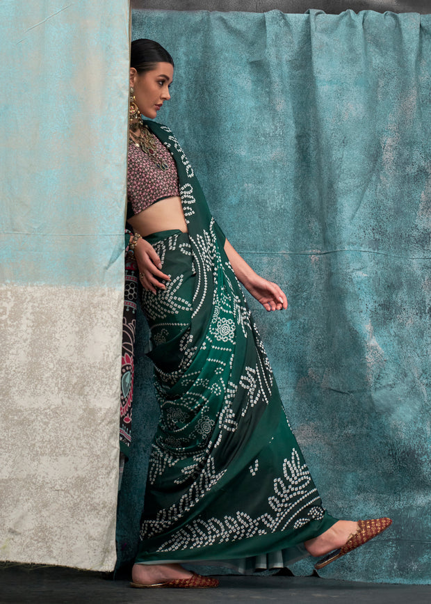 Hunter Green Satin Crepe Printed Silk Saree