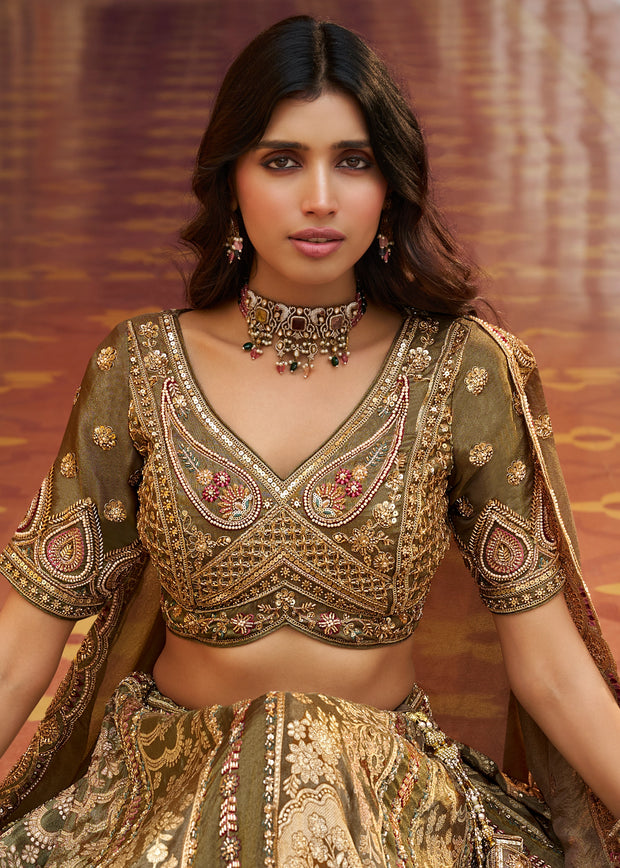 Olive Green Banarasi Silk Embroidered Lehenga