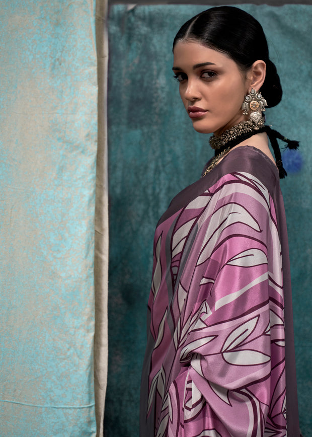 Grey and Purple Satin Crepe Printed Silk Saree
