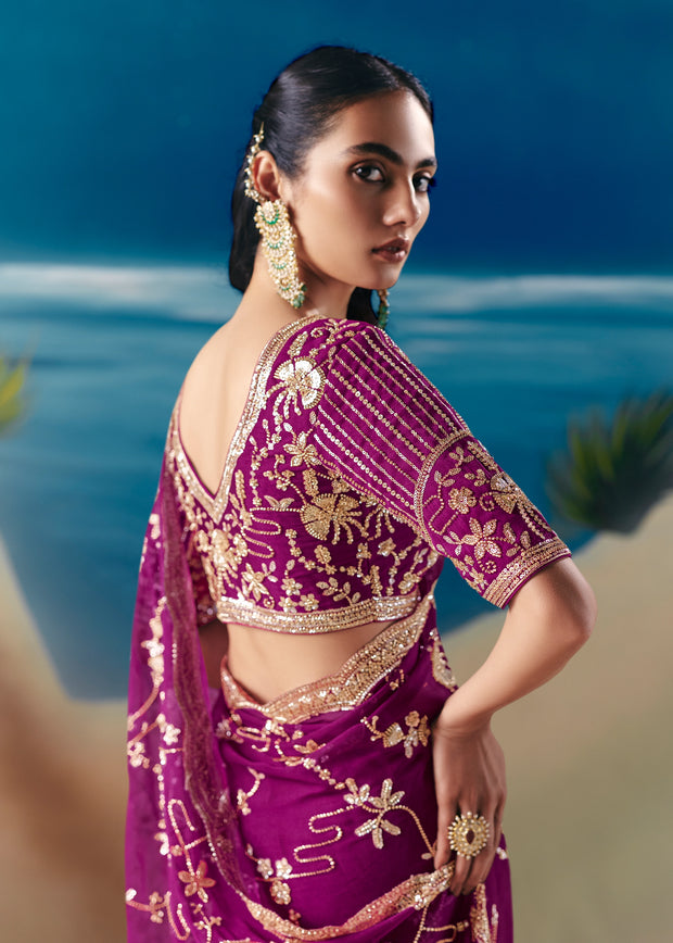 Magenta Pink Satin Organza Embroidered Saree