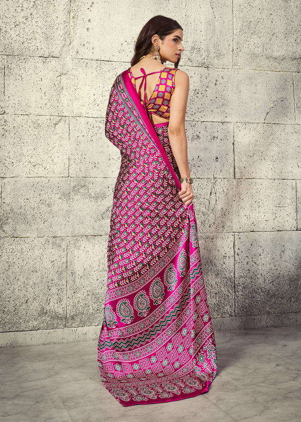 Elegant Pink Printed Satin Silk Saree