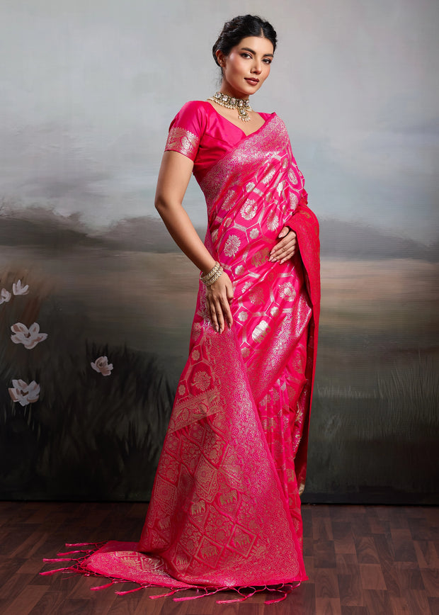 Fuchsia Pink Woven Banarasi Silk Saree
